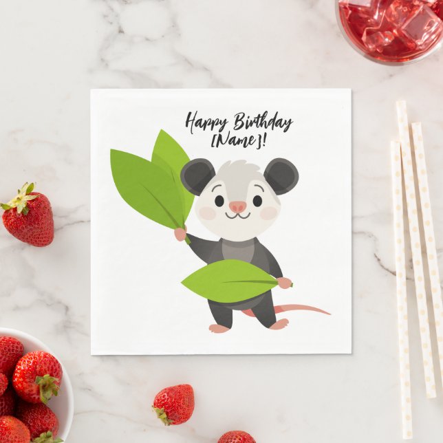 Cute Opossum Green Leaves & Happy Birthday Pappersservett (Insitu)