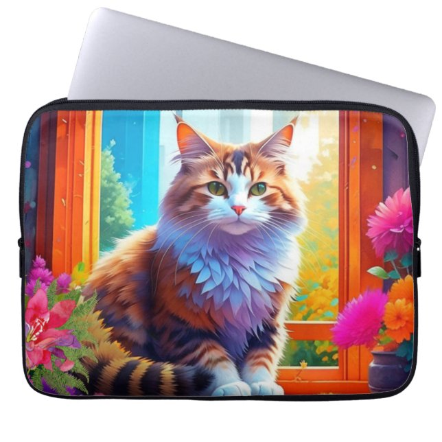 Cute Orange and White Cat Sitta in City Window Laptop Fodral (Framsidan)