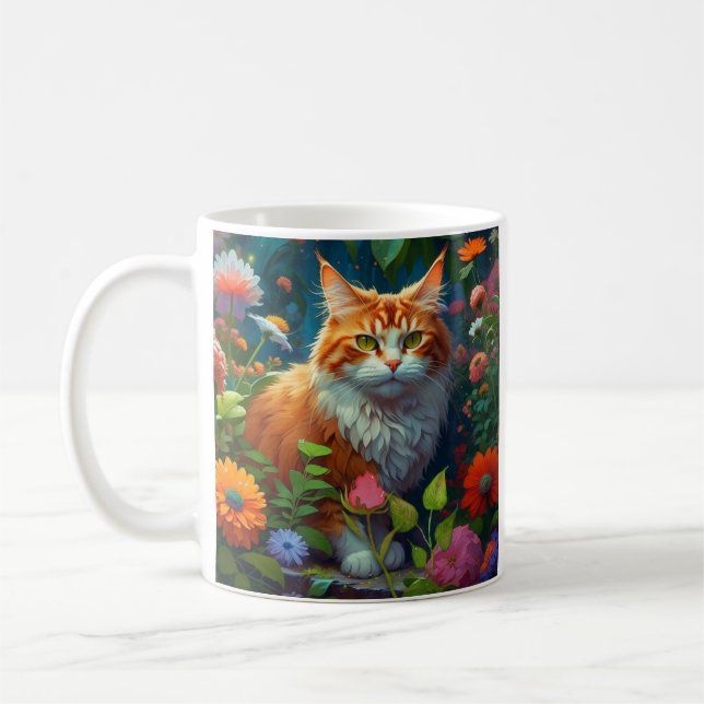 Cute Orange and White Cat sitta in Flowers Kaffemugg (Vänster)