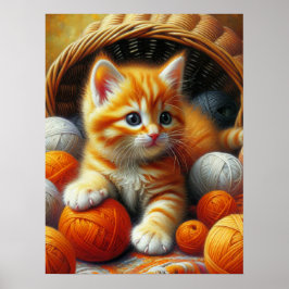 Cute Orange and White Kitten Spelas in Yarn Poster