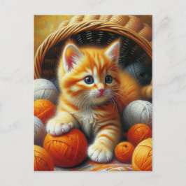 Cute Orange and White Kitten Spelas in Yarn Vykort