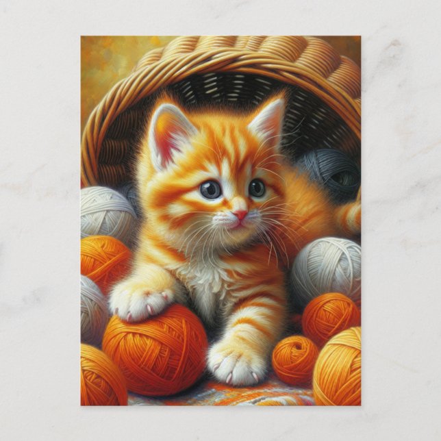Cute Orange and White Kitten Spelas in Yarn Vykort (Framsida)