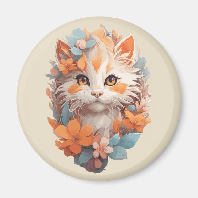 Cute Orange Blommigt Kattunge Magnet (Framsidan)