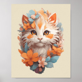 Cute Orange Blommigt Kattunge Poster