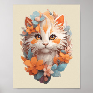 Cute Orange Blommigt Kattunge Poster
