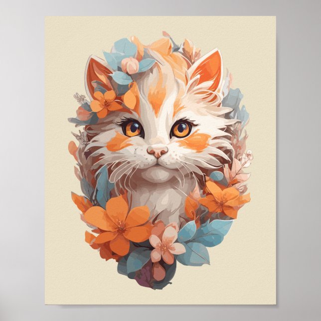 Cute Orange Blommigt Kattunge Poster (Framsidan)