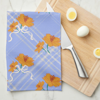 Cute Orange Blommor sömlösa på Play Blue Kökshandduk