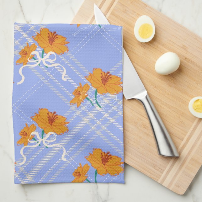 Cute Orange Blommor sömlösa på Play Blue Kökshandduk (Vikt i Fjärdedel)