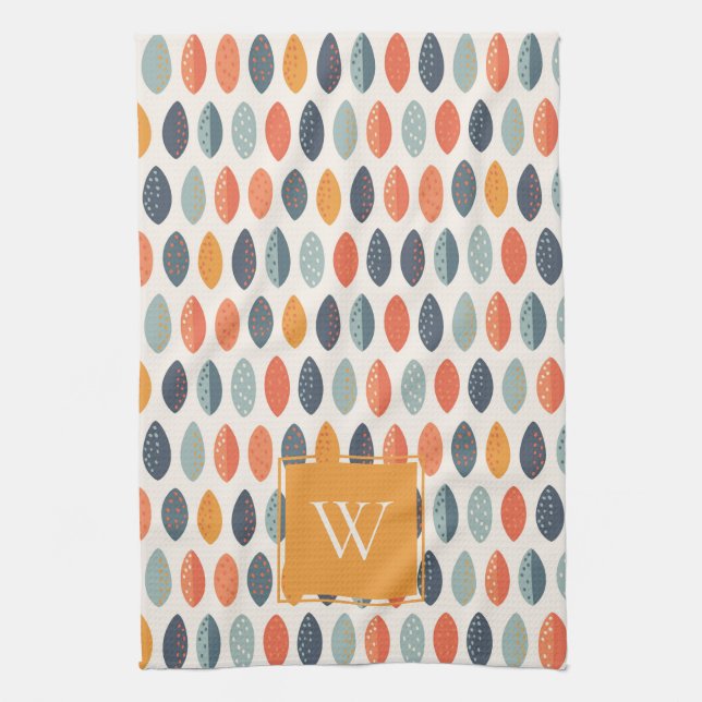 Cute Orange Blue Leafy Botanical Monogram Mönster Kökshandduk (Vertikal)