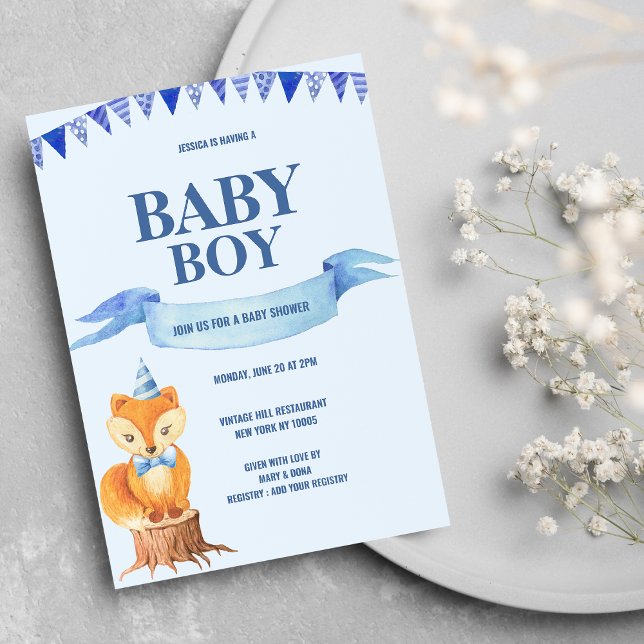 Cute Orange Blue Watercolor Fox Boy Shower Inbjudningar (Cute Orange Blue Watercolor Fox Boy Baby Shower)