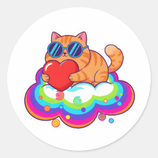 Cute Orange Cat Holding Red Heart on Rainbow Cloud Runt Klistermärke