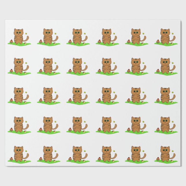 Cute Orange Cat i Grönt Papper för skugginslagning Presentpapper (Seam)