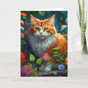 Cute Orange Cat in Colorful Flowers Birday Kort
