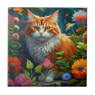Cute Orange Cat in Flowers Kakelplatta