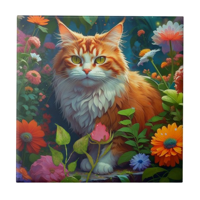 Cute Orange Cat in Flowers Kakelplatta (Framsidan)