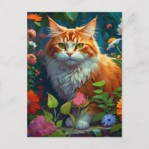 Cute Orange Cat in Flowers Keeping in Touch Vykort