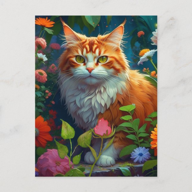 Cute Orange Cat in Flowers Keeping in Touch Vykort (Framsida)