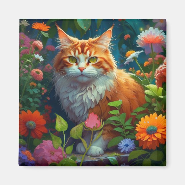 Cute Orange Cat in Flowers Magnet (Framsidan)