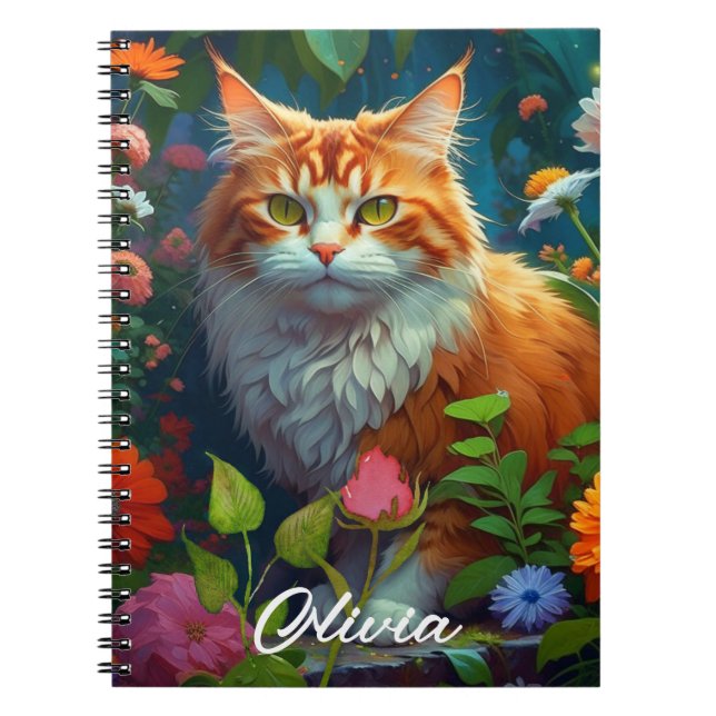 Cute Orange Cat in Flowers Personlig Anteckningsbok (Framsidan)