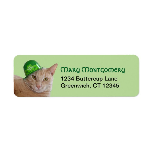 Cute Orange Cat med Grönten Irish Hat Adress Returadress Etikett (Framsidan)