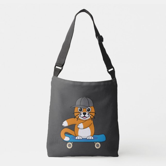 Cute Orange Cat på Skateboard-Tecknad Axelväska (Framsida)
