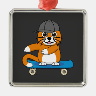 Cute Orange Cat på Skateboard-Tecknad Julgransprydnad Metall