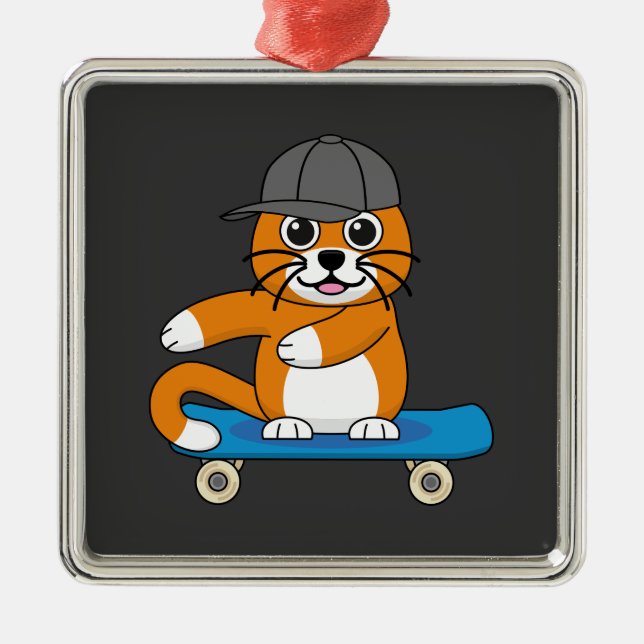 Cute Orange Cat på Skateboard-Tecknad Julgransprydnad Metall (Framsidan)