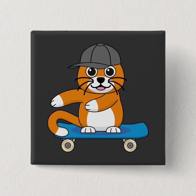Cute Orange Cat på Skateboard-Tecknad Knapp (Framsida)