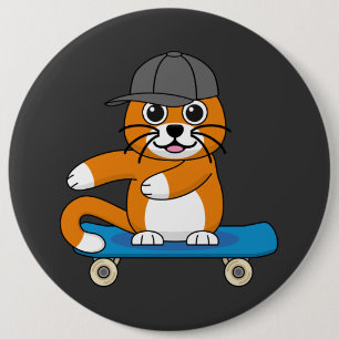 Cute Orange Cat på Skateboard-Tecknad Knapp