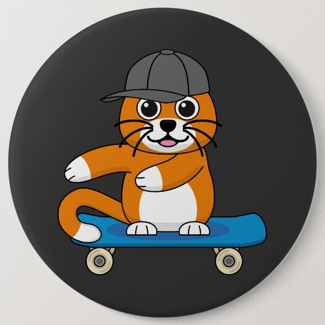 Cute Orange Cat på Skateboard-Tecknad Knapp (Framsida)