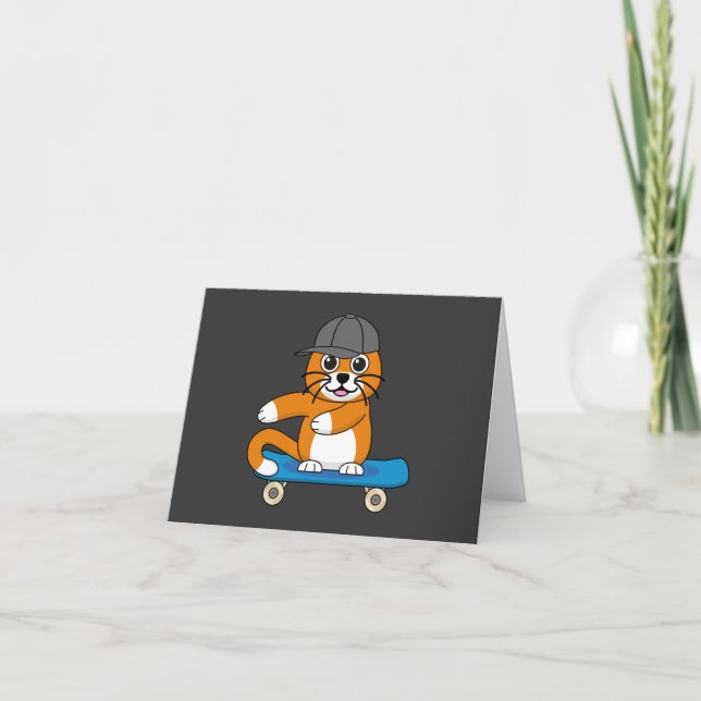 Cute Orange Cat på Skateboard-Tecknad Kort (Framsida)
