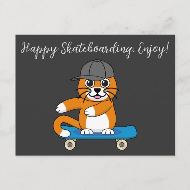 Cute Orange Cat på Skateboard-Tecknad | Lägg till  Helg Vykort (Framsida)