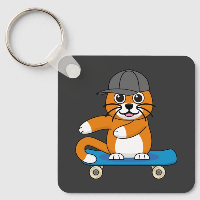 Cute Orange Cat på Skateboard-Tecknad Nyckelring (Framsida)