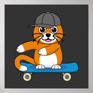 Cute Orange Cat på Skateboard-Tecknad Poster