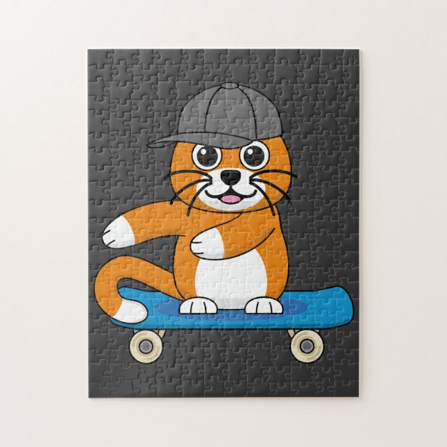 Cute Orange Cat på Skateboard-Tecknad Pussel (Vertikal)