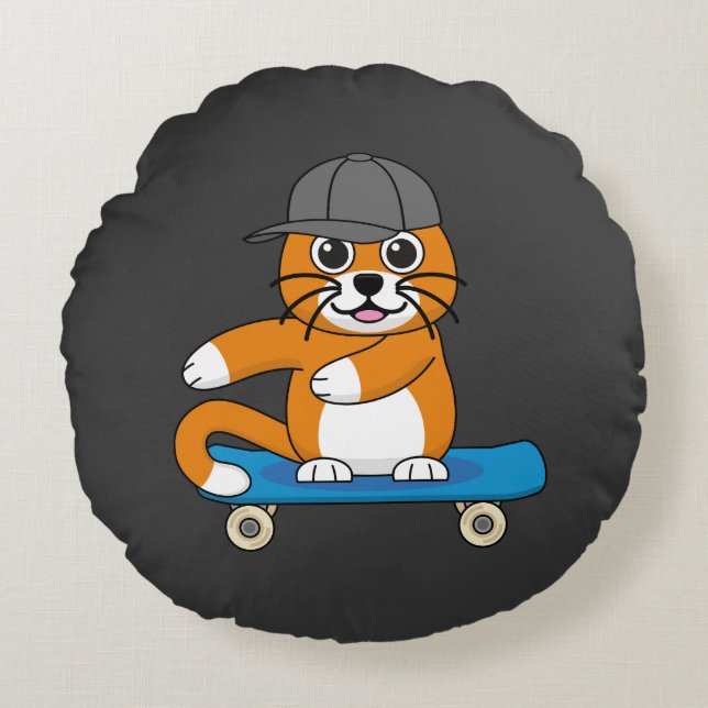 Cute Orange Cat på Skateboard-Tecknad Rund Kudde (Framsidan)