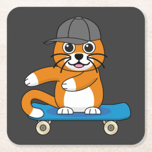 Cute Orange Cat på Skateboard-Tecknad Underlägg Papper Kvadrat