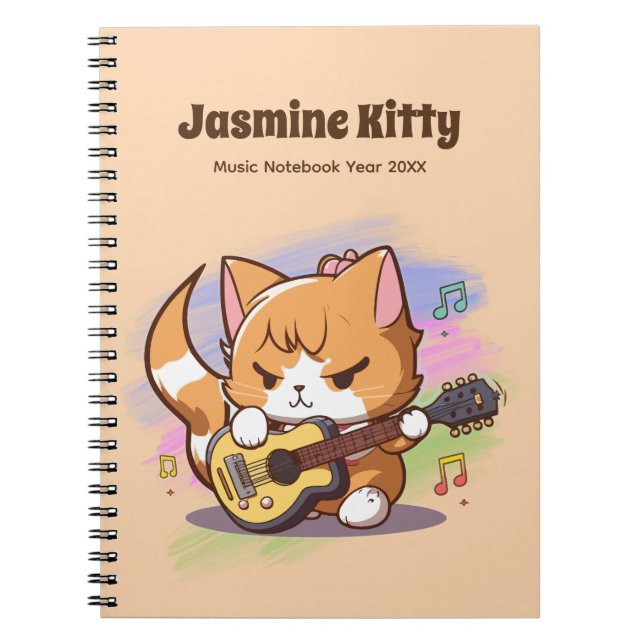 Cute Orange Cat Pay Guitar (Personalize) Anteckningsbok (Framsidan)