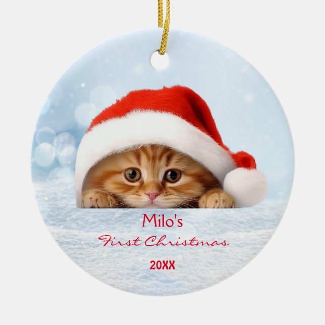 Cute Orange Cat Red Santa Hat Tass Personlig Julgransprydnad Keramik (Framsidan)