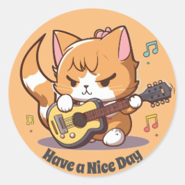 Cute Orange Cat Spela Guitar Runt Klistermärke