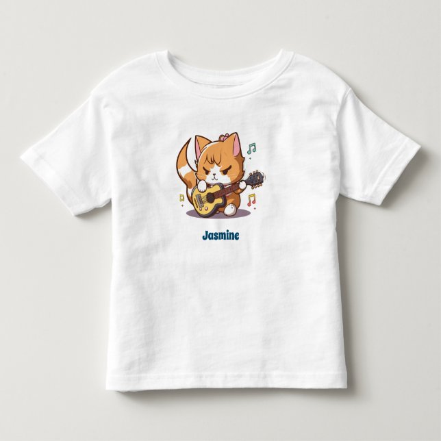 Cute Orange Cat Spela Guitar T Shirt (Framsida)