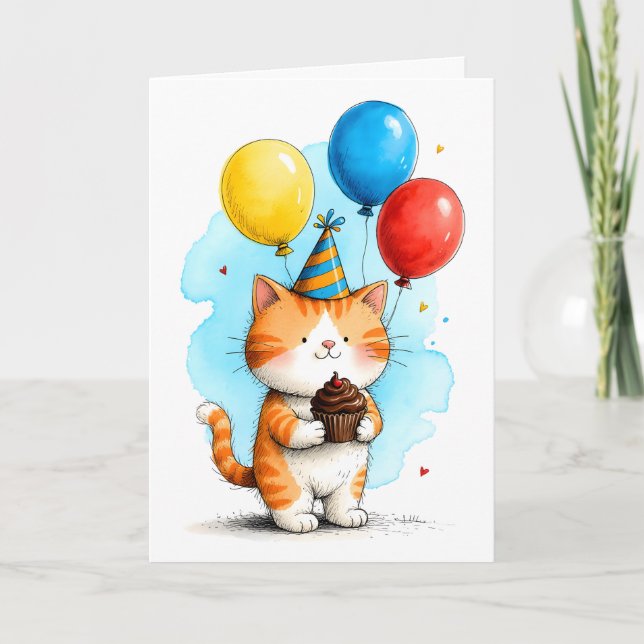 Cute Orange Cat with Cupcake Kid's Happy Birthday Kort (Framsida)