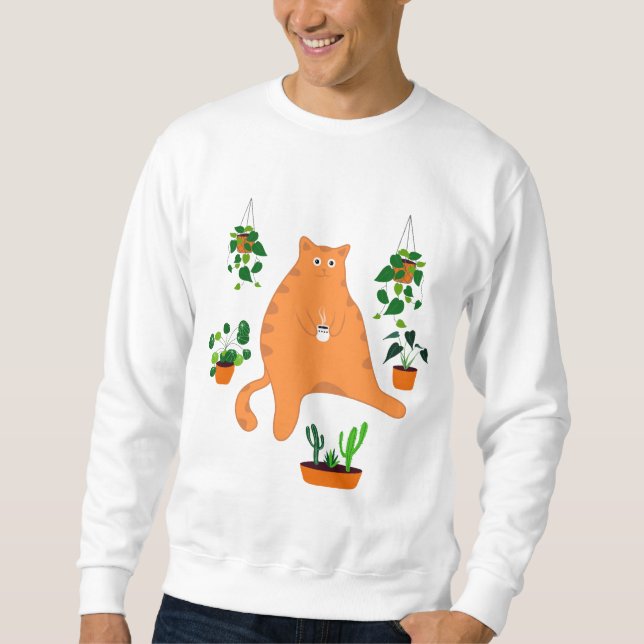 Cute Orange Cat with Plant, Cute Cat Gift Lång Ärmad Tröja (Framsida)