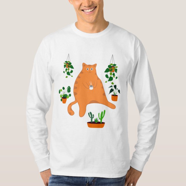 Cute Orange Cat with Plant, Cute Cat Gift T Shirt (Framsida)