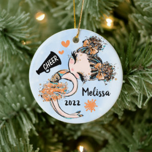 Cute Orange CheerLeader Girl Ornament Brown Hair