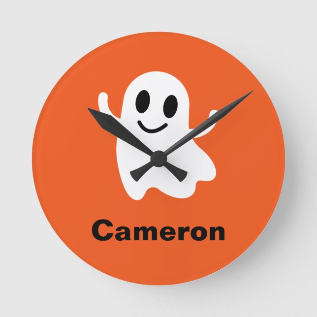 Cute Orange Circle Smiling Halloween Ghost Rund Klocka (Framsida)