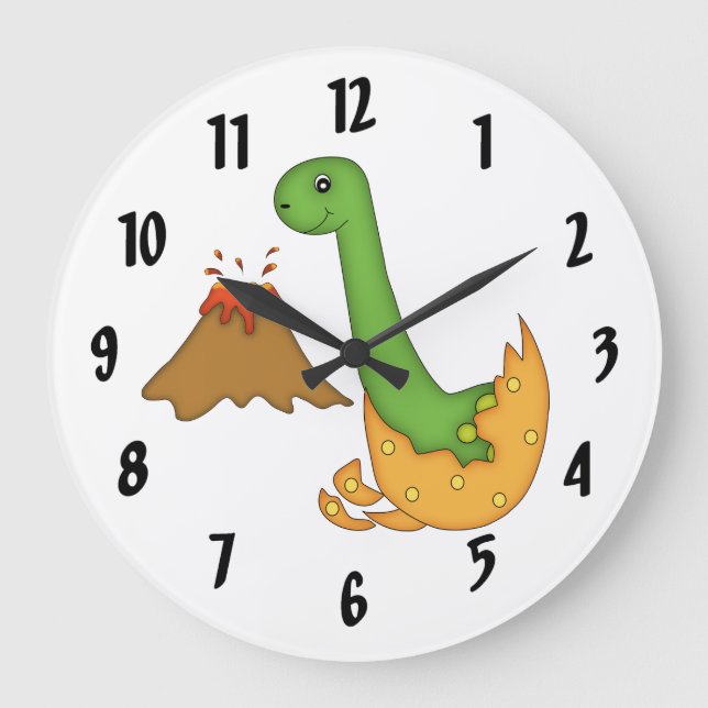 Cute Orange Dinosaur och Volcano/big numbers Stor Klocka (Framsida)