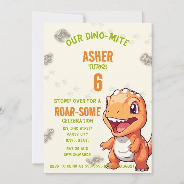 Cute Orange Dinosaur T-Rex Birthday Invite Inbjudningar (Framsida)