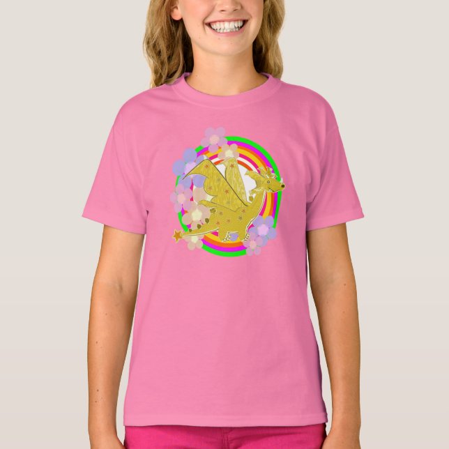 Cute Orange Dragon and Flowers T-shirt (Framsida)