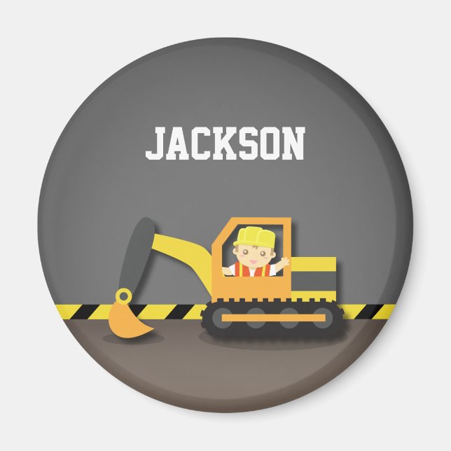 Cute Orange Excavator Construction Builder Boy Magnet (Framsidan)
